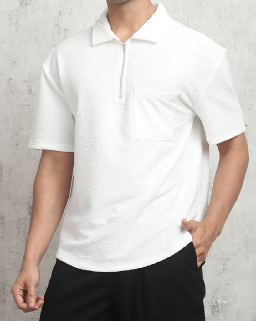 Relaxed Fit Medium Length Short Sleeve  Zipped Textured Tshirt