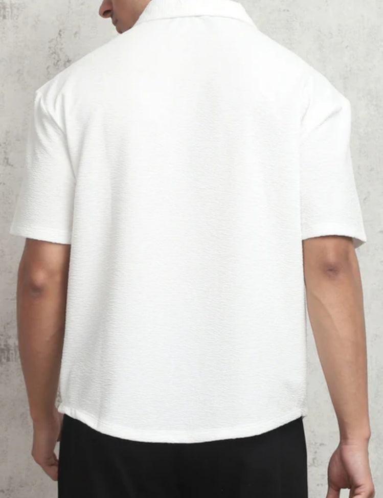 Relaxed Fit Medium Length Short Sleeve  Zipped Textured Tshirt