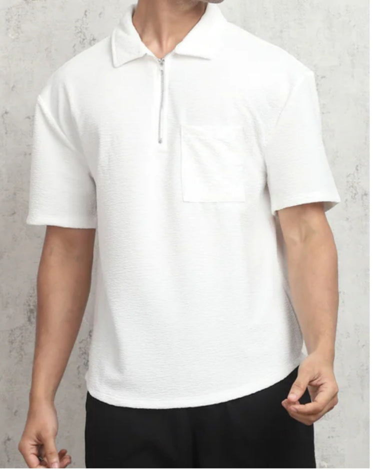 Relaxed Fit Medium Length Short Sleeve  Zipped Textured Tshirt